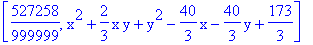 [527258/999999, x^2+2/3*x*y+y^2-40/3*x-40/3*y+173/3]